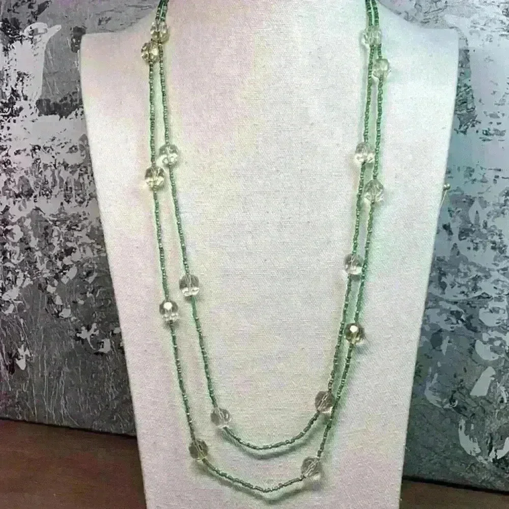 Vintage Green Seed Bead and Clear Faceted Crystals